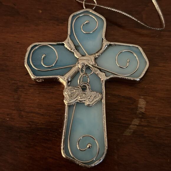 Vintage -Blue Stained Glass Cross Ornament Joy Silver Wire- 3" Tall - Picture 2 of 3